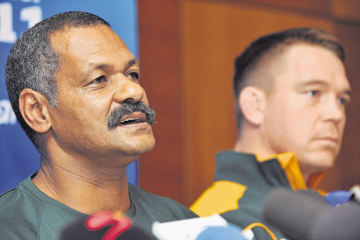 Springbok coach Peter de Villiers and captain John Smit field questions during a media conference yesterday in Wellington, New Zealand, where the team to face the Wallabies in Sunday's quarterfinal was announced Picture: DUIF DU TOIT/GALLO IMAGES