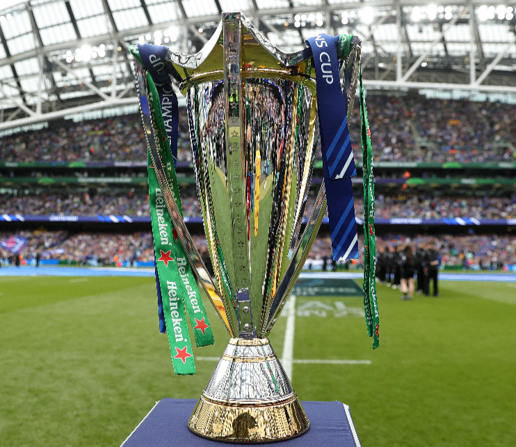 The Champions Cup on display before the final between Leinster and La Rochelle at the Aviva Stadium last month.