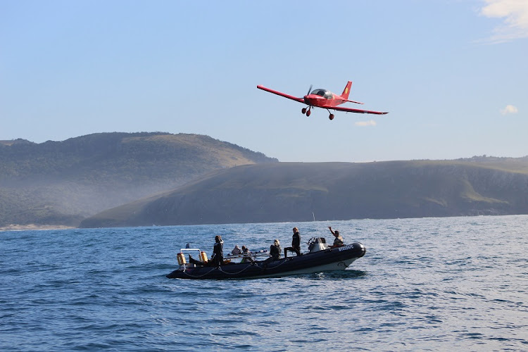 Divers with Offshore Africa in the open sea. The company uses the small plane to help direct the boats to the best marine action.