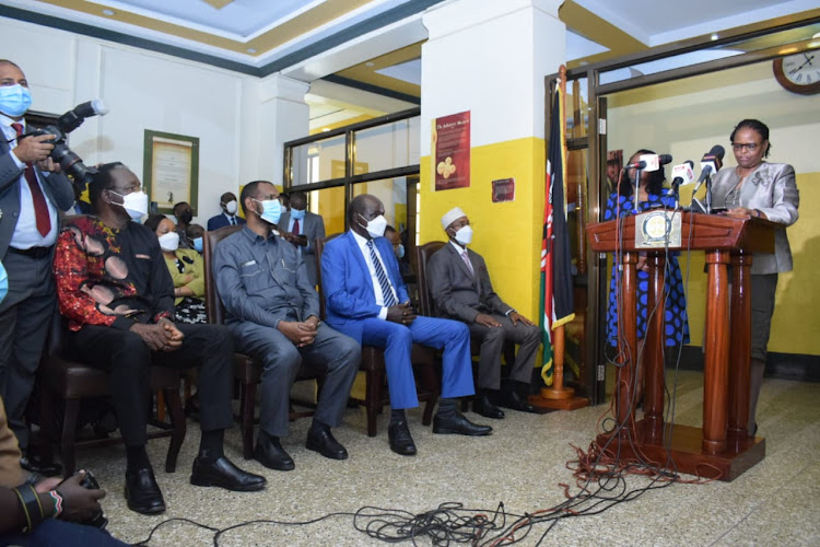 Chief Justice Martha Koome speaks during the swearing in ceremony of the newly sworn in CEO Marjan Hussein at the Supreme Court on March 16, 2022