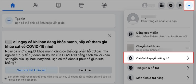 Mở Facebook trên máy tính, nhấn vào biểu tượng tam giác  > Chọn Cài đặt & quyền riêng tư