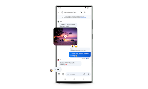 A Phone displays RCS chat with hi-res media, typing indicators, read receipts, etc.