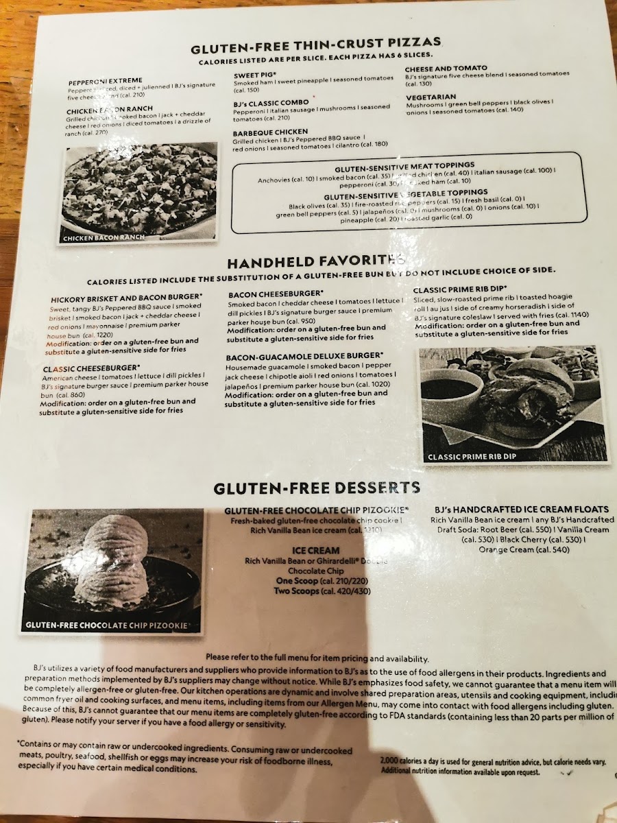 BJ's Brewhouse gluten-free menu