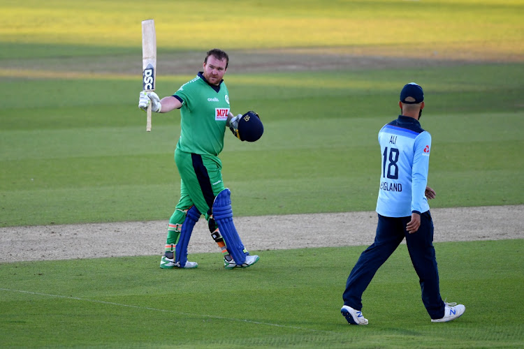 Ireland's Paul Stirling celebrates his century against England in the 3rd ODI at Ageas Bowl, Southampton on August 4, 2020