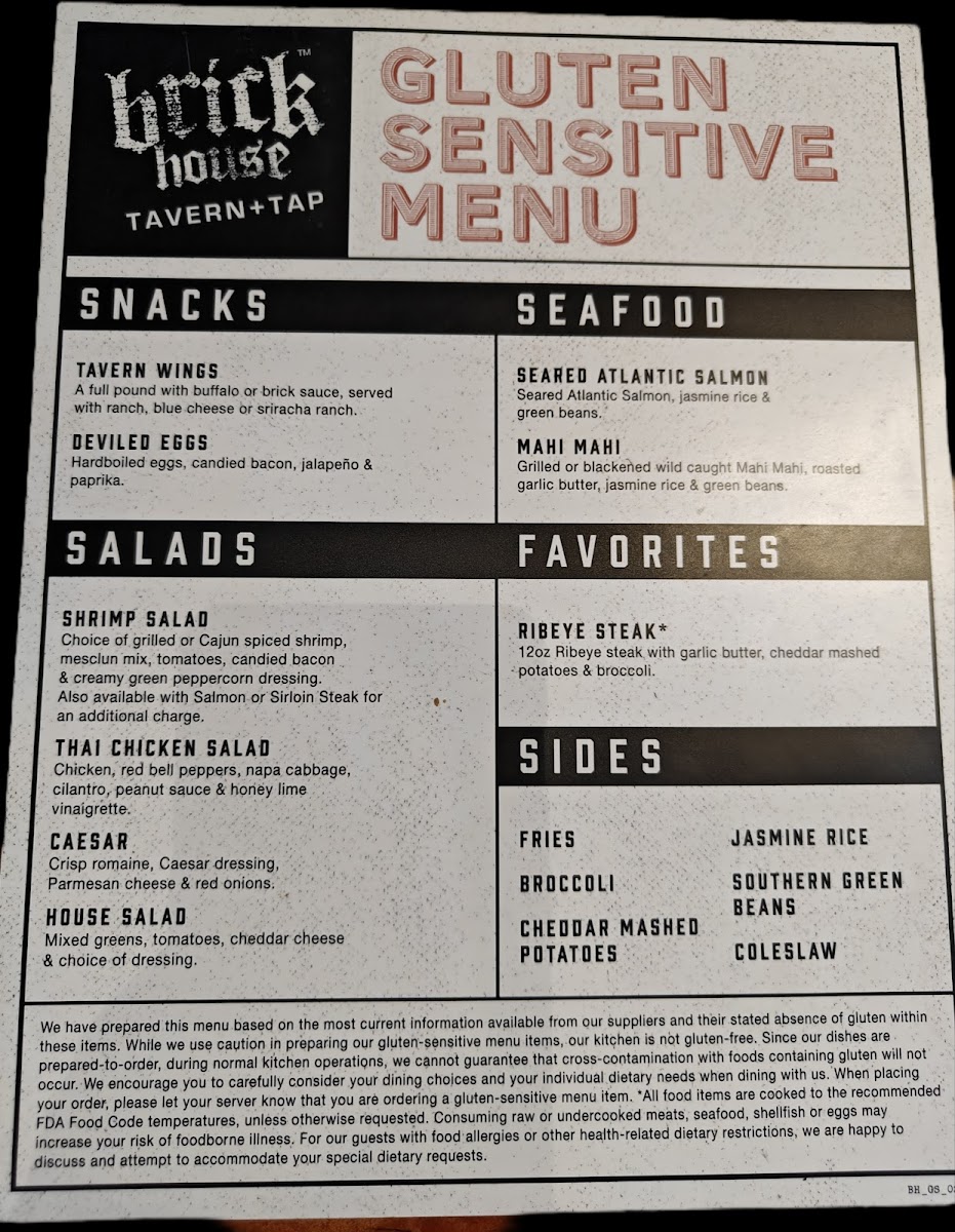 Brick House Tavern + Tap gluten-free menu