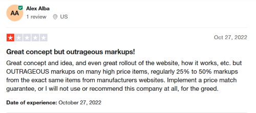 Negative Perpay review from a user who disliked the price markups of products. 