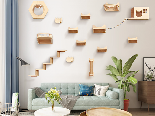 Cat Wall Mounted Solid Wooden Furniture Climbing Ladder and Cat Hammock with Scratching Post for Activity Indoor Cats Pe