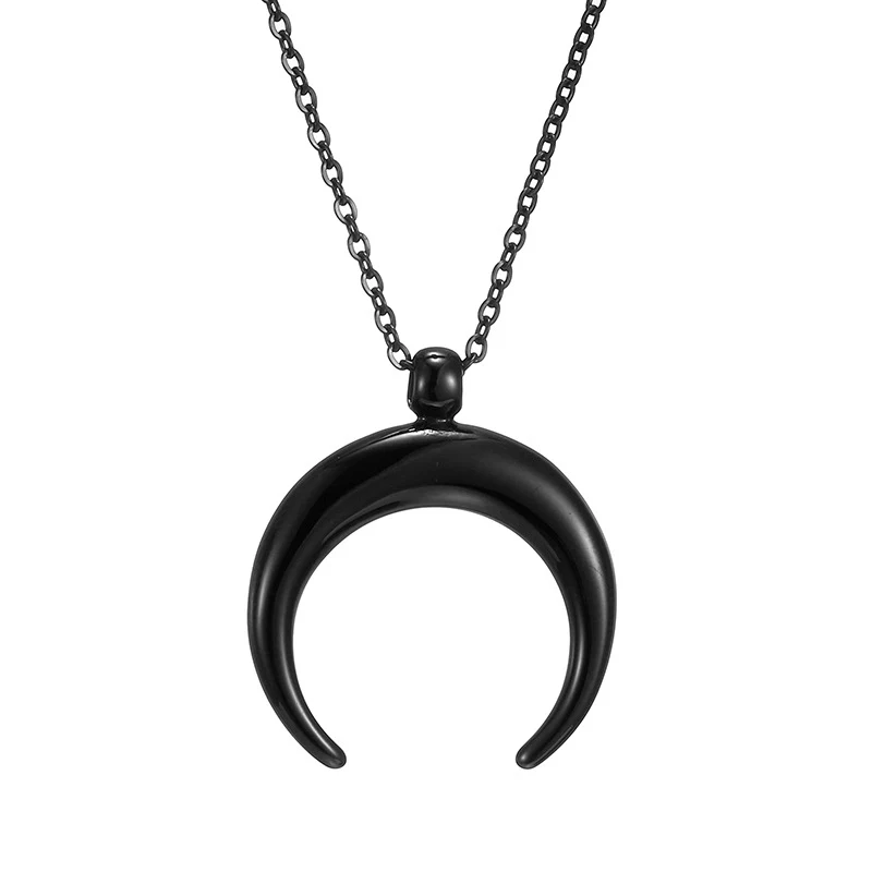 Collier pendentif lune et corne en acier inoxydable, style minimaliste. Un bijou élégant pour femme, idéal pour un cadeau. Design épuré.