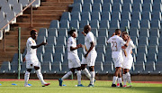 Deano van Rooyen of Stellenbosch FC celebrates a goal with teammates during the DStv Premiership match between Swallows FC and Stellenbosch FC at Dobsonville Stadium on October 17, 2021 in Johannesburg. 