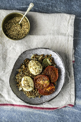 Dukkah-crusted eggs, roasted tomatoes & lentils Dukkah's an Egyptian condiment which is a blend of herbs and spices with crushed hazelnuts. Traditionally it's enjoyed at breakfast with bread dipped in olive oil, or as a snack. Here we've used it to create a simple main meal that's both nutritious and scrumptious.