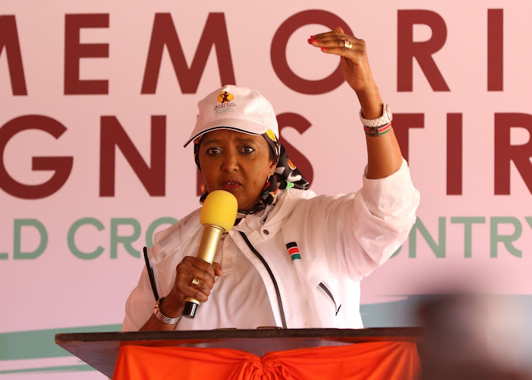 Sports CS Amina Mohamed speaks during the media launch of the Memorial Agnes Tirop World Cross Country Tour at Lobo Hotel, Eldoret