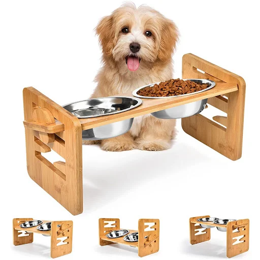 Bamboo Elevated Dog Bowls with Stand Adjustable Raised Puppy Cat Food Water Bowls Holder Rabbit Feeder for Small Medium 