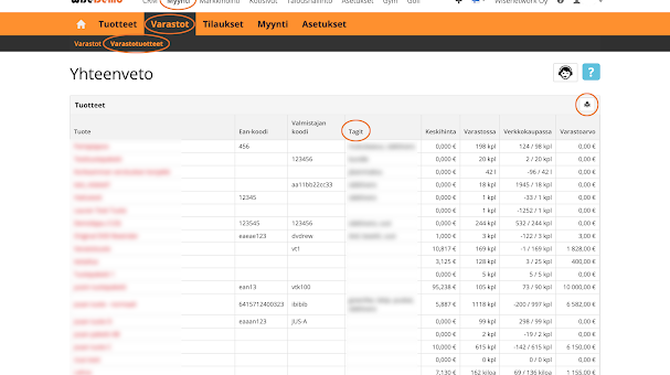 Varastotuotteiden yhteenvetosivulle on lisätty tagit-sarake sekä Excel-vientimahdollisuus. 