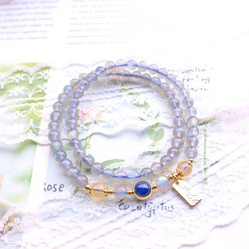 Bracelet DIY design bleu moonstone gris naturel pour travailleurs, adaptable à tous les styles, personnalisez votre bijou unique et élégant.