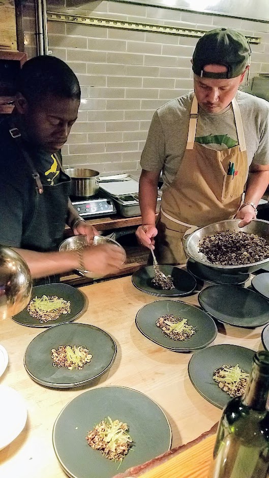 Langbaan Chefs Who Inspire Dinner with Edouardo Jordan of Salare and Junebaby, a collaboration with Chef Earl Ninsom of Langbaan to benefit Farestart. Southern Thai rice berry salad with morel mushrooms, cherry, peaches, celtuce, fava beans, and frozen duck liver