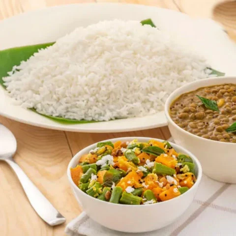 Garlic Masoor Dal, Mix Veg Poriyal With Steamed Rice