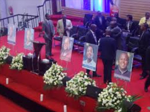 Pictures of the Cellulant employees killed by alShabaab at 14Riverside Drivelast Tuesday during their memorialservice at CitamValley Road /COURTESY