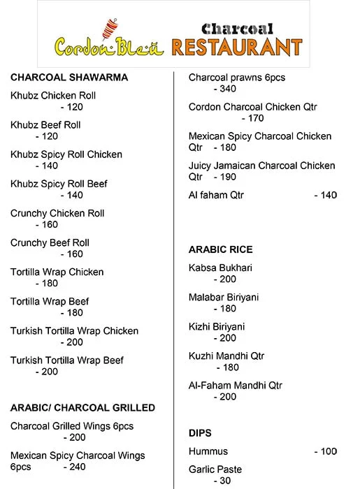 Charcoal Shack Restaurant menu 