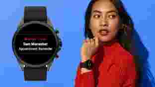 A woman models her Wear OS watch. To her left, a close-up of the watch displays an appointment reminder.