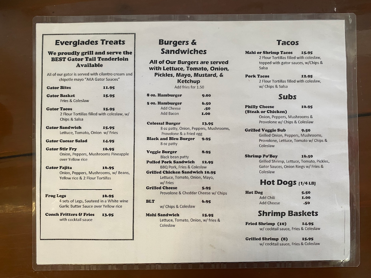 Everglades Gator Grill gluten-free menu