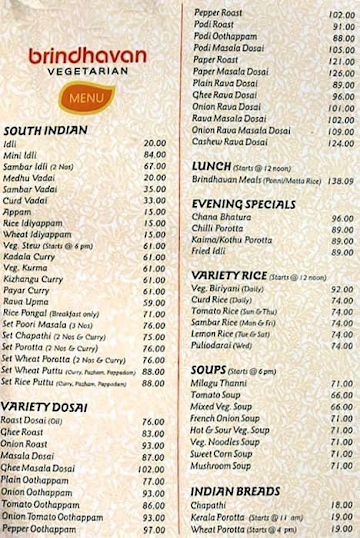 Brindavan Hotel menu 