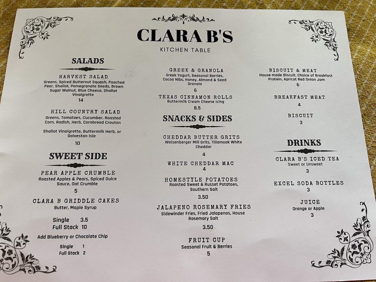 Clara B's Kitchen Table gluten-free menu