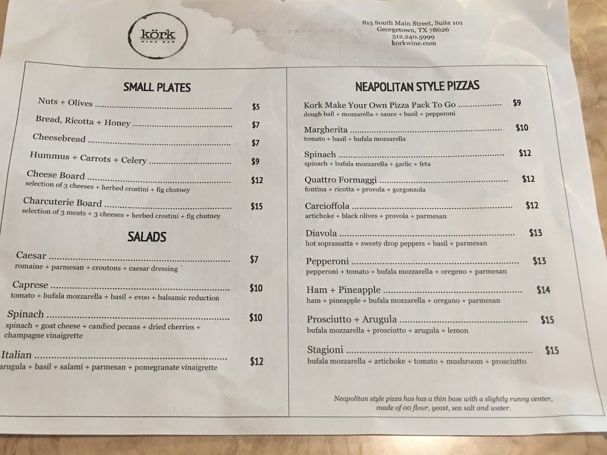 Kork Wine Bar gluten-free menu