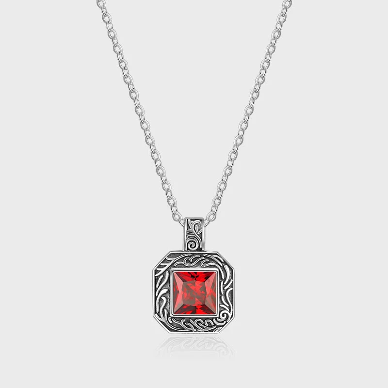S925 Sterling Zilver Vintage Gravering Vierkant Robijn Hanger Ketting, stijlvol cadeau voor dames, tijdloos design.