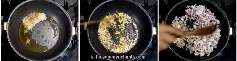 Saute cumin seeds, ginger, garlic and onions