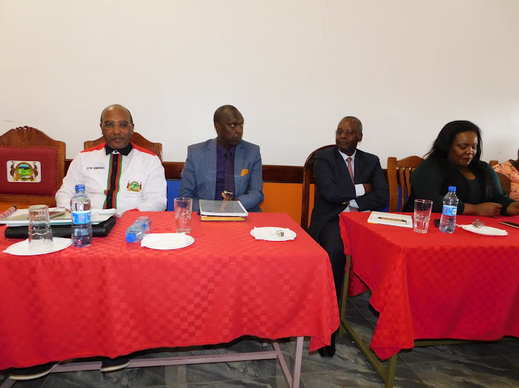 Nyandarua Governor Francis Kimemia, Ndaragwa MP Jeremiah Kioni and Kipipiri MP Amos Kimunya during the BBI validation meeting in Ol Kalou on Wednesday, February 26, 2020.