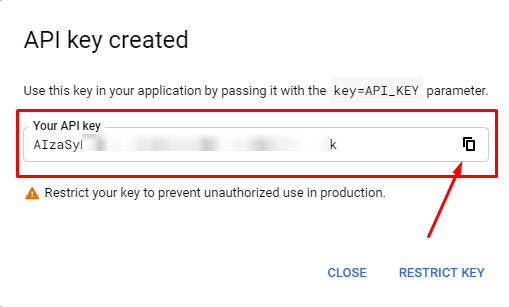 Copy API Key to embed youtube video
