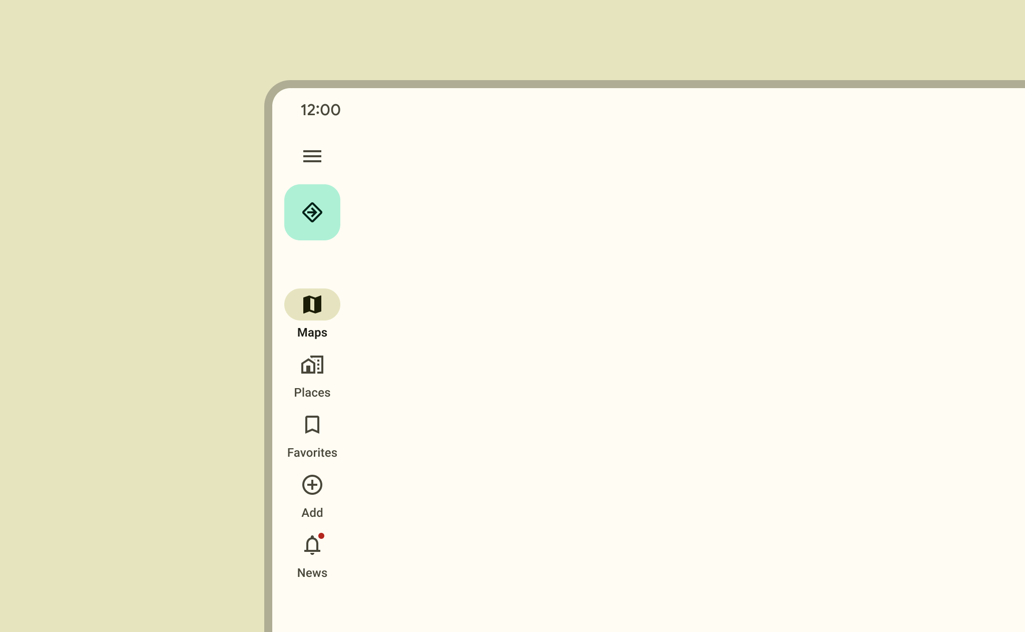 Navigation rail with 5 destinations, 1 active icon, and FAB next to a map screen