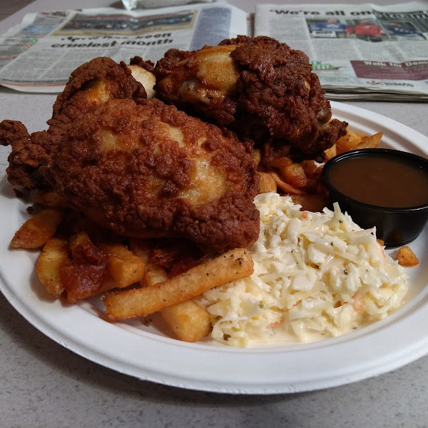 4pc fried chicken with fries, gravy, and slaw. all for ~$12.00