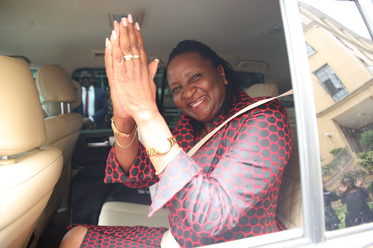 Former Chief Registrar of Judiciary Anne Amadi bids her colleagues goodbye after handing over to Paul Ndemo on January 12, 2024.