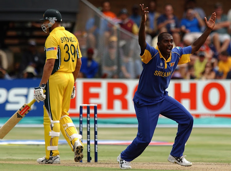 In this file picture, former Sri Lankan allrounder Avishka Gunawardene appeals for the wicket of Andrew Symonds during the World Cup semifinal against Australia at St George's Park on March 18, 2003