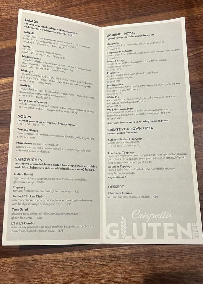 Crispelli’s Bakery & Pizzeria gluten-free menu