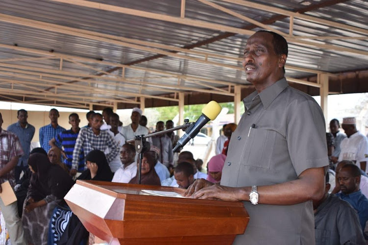 Wajir Governor Mohamed Abdi addressing residents last Saturday.