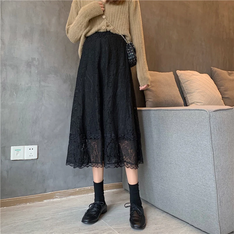 Damen Halblanger Rock Frühling & Herbst, A-Linie, High Waist, weißer Spitze, ideal für kleine Frauen, stilvoll und feminin.
