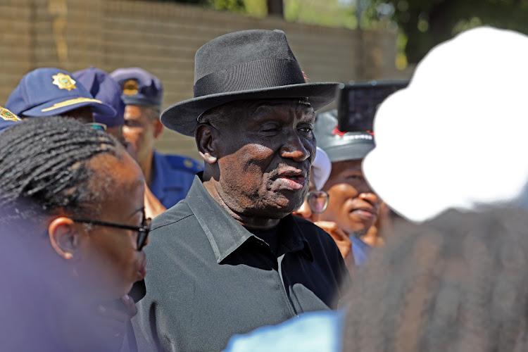 Police minister Bheki Cele addresses the media after his visit to Sophiatown police station.