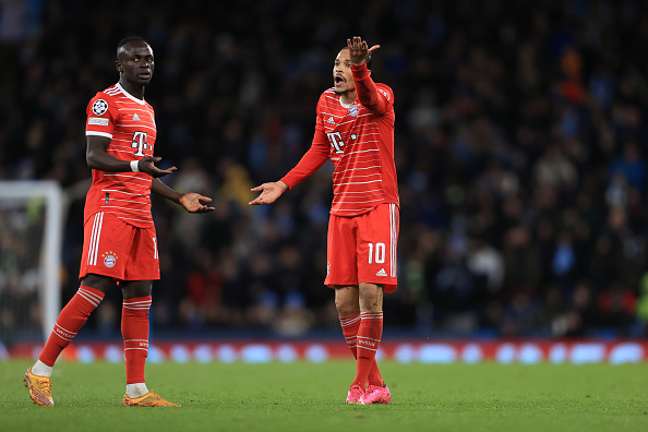 Bayern Munich players Sadio Mane of (R) and Leroy Sane argue with each other during the UEFA Champions League quarterfinal first leg match between Manchester City at Etihad Stadium on April 11, 2023 in Manchester, United Kingdom.