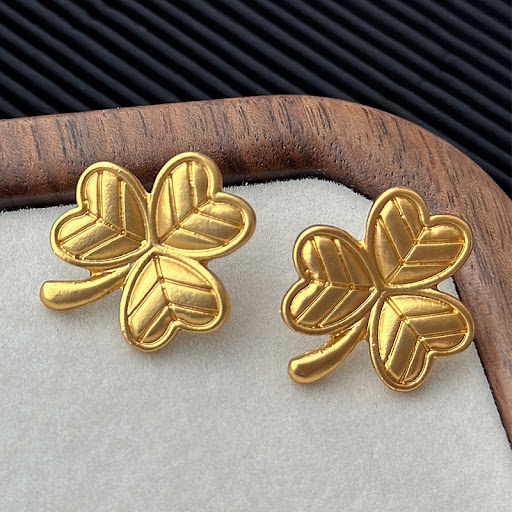 Title 5, Elegant Golden Clover Stud Earrings For Women L...
