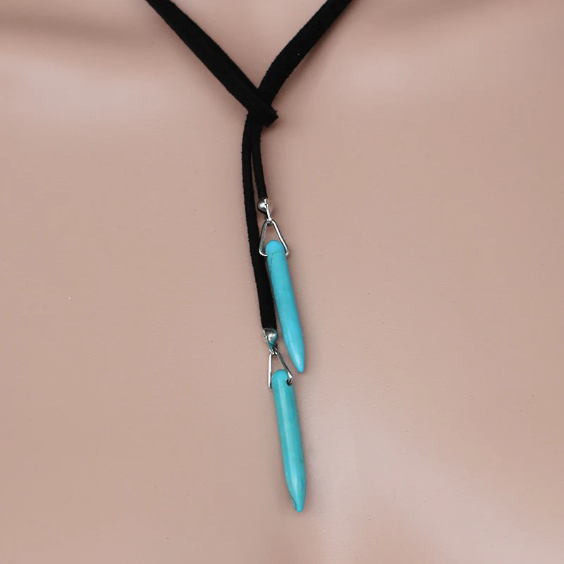 Bohemien lange Koreaanse fluwelen ketting met natuursteen turkoois, lange trui ketting, stijlvol en perfect voor een elegante look.
