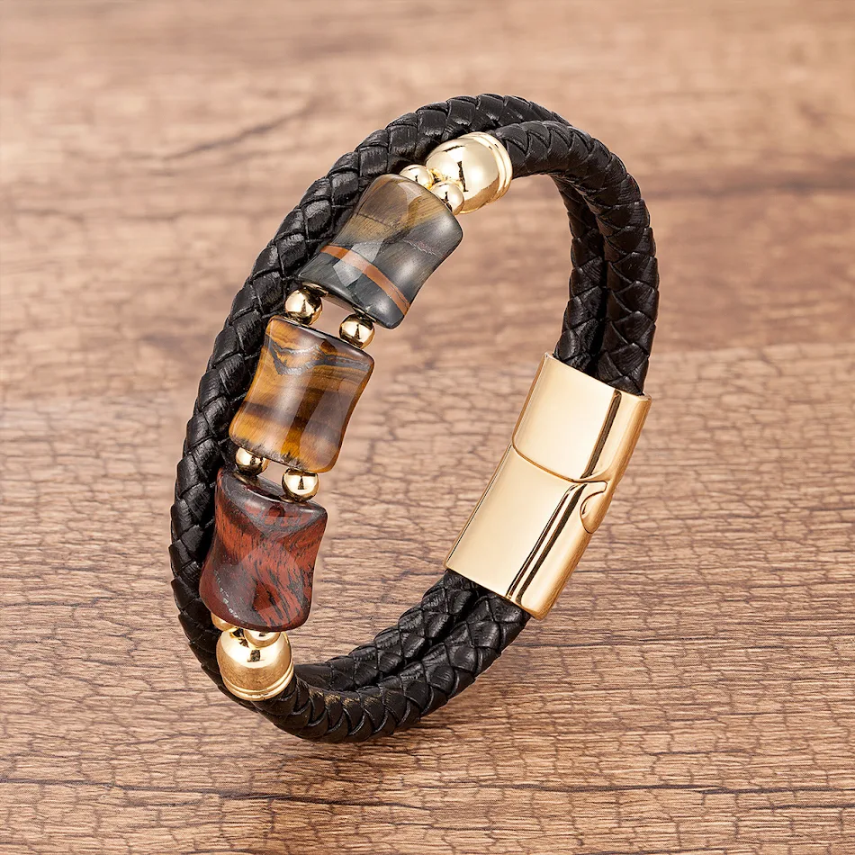 Pulsera de moda con ojo de tigre y junta de bambú, un accesorio elegante que proporciona equilibrio, fuerza y bienestar.