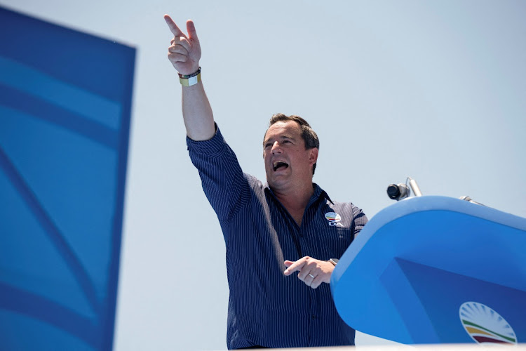 DA leader John Steenhuisen addresses supporters in front of the Union Buildings as part of the political party's manifesto launch in Pretoria.