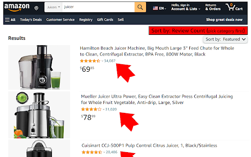 Amazon sort by Review Count