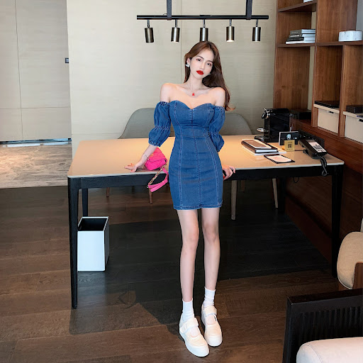 Title 5, Temperament Goddess Fan Xian Thin Denim Dress, ...