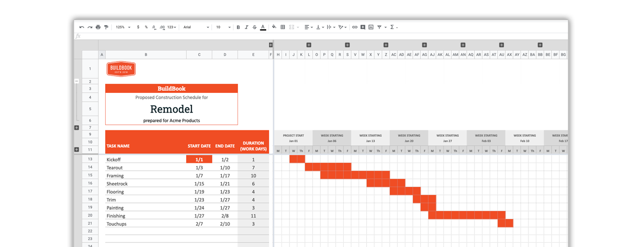 Construction Google Sheets Gantt chart template