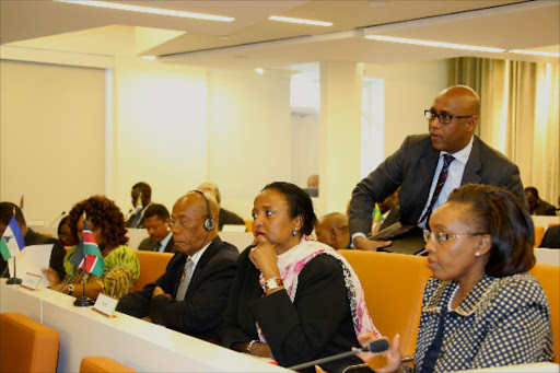 Keen: Foreign Affairs Cabinet secretary Amina Mohammed, Industrialisation CS Aden Mohammed (standing) and East Africa Affairs, Commerce and Tourism CS Phyllis Kandie at the AGOA meeting in Washington DC on August 4 last year.