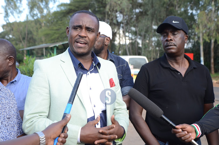 UDA secretary general Cleophas Malala together with lawyer Danstan Omari and Cliff Ombeta and section of western leaders addressing journalists at Karen Hospital where they had pay a visit to former CS Rashid Echesa who was brought in sick by officers from Muthaiga police station, on March 30, 2024.