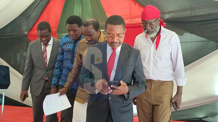 Azimio la Umoja Coalition principals leaving the podium after addressing the media in Nairobi in February 22, 2024